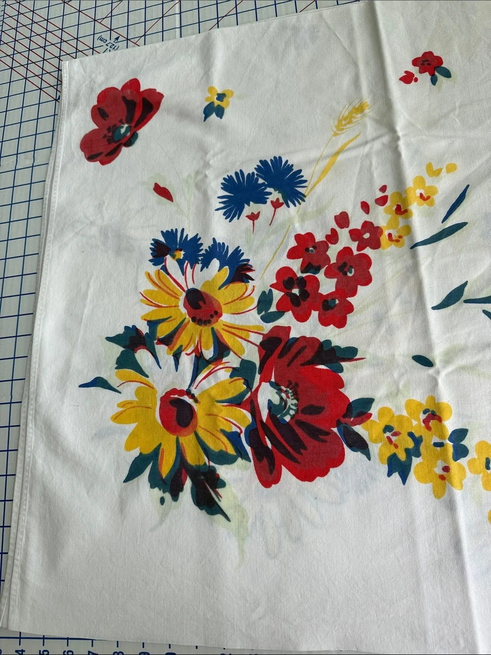 Vintage 50s Floral Tablecloth 64 x 52 Red Yellow Blue Cotton Kitchen Linen